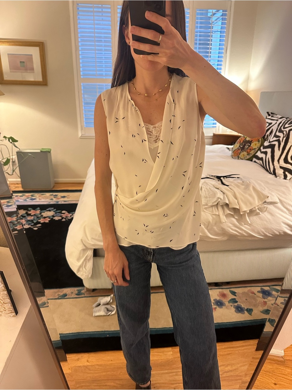 A.L.C. Cream Sleeveless Printed Silk Camisole - Picture 4 of 6
